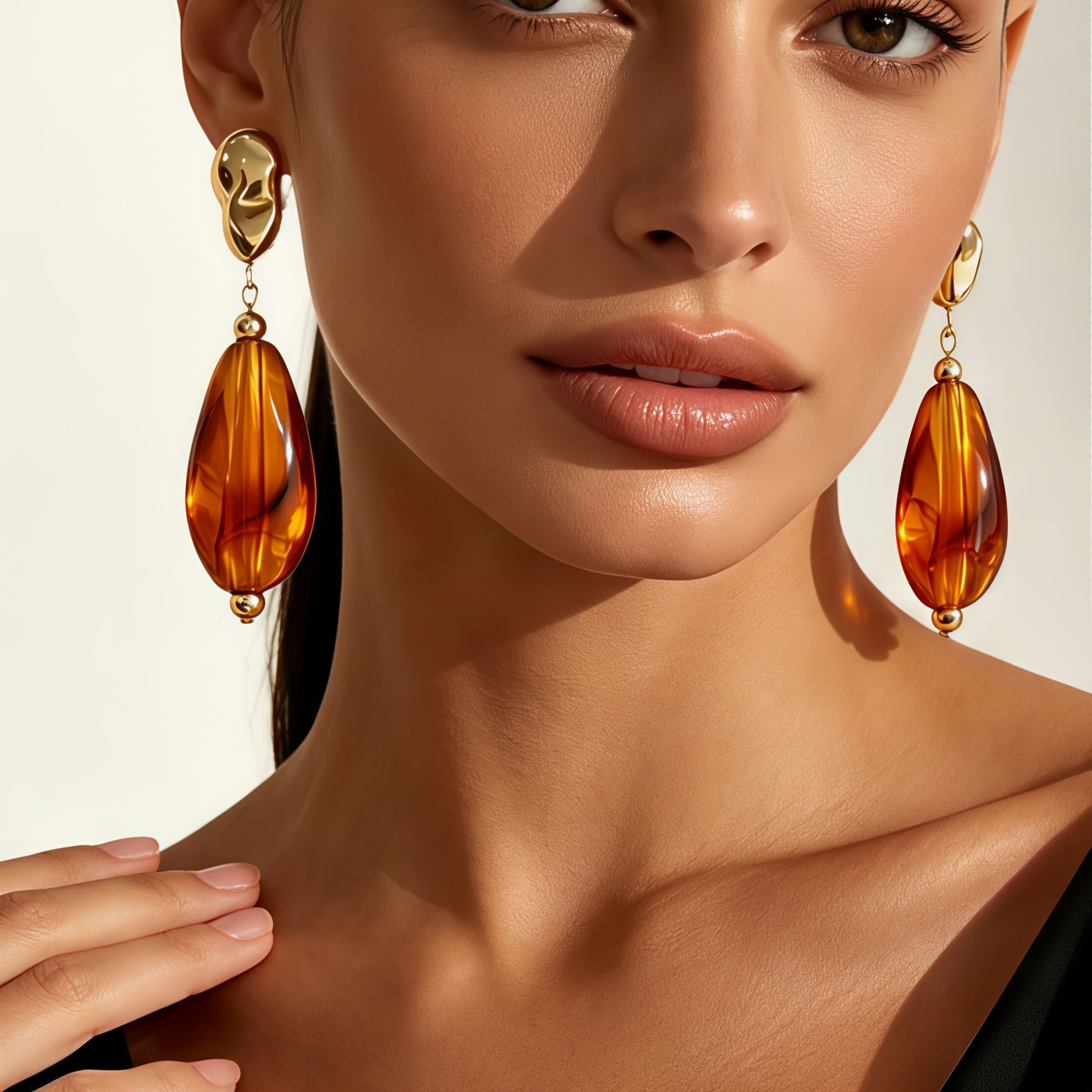 Women's Long Teardrop-shaped Drop Earrings in Faux Amber